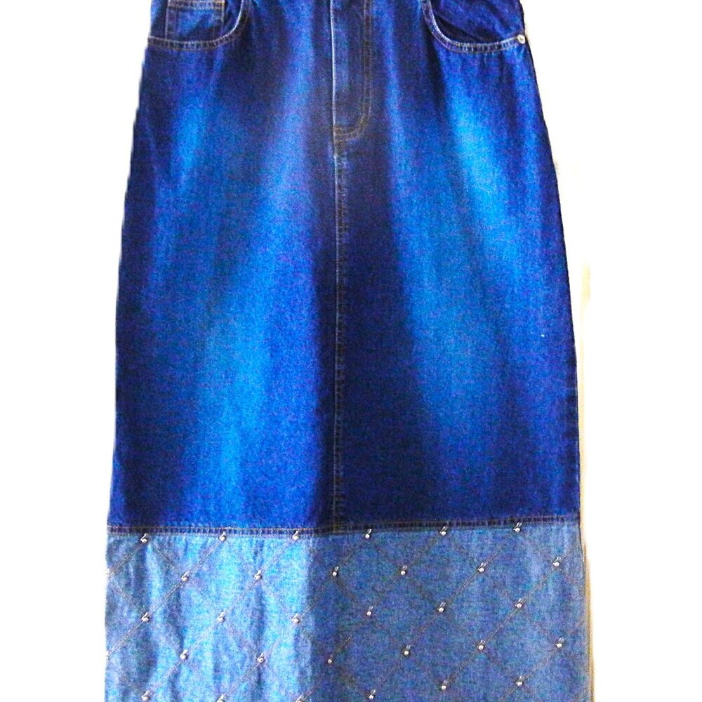 Long Maxi Denim Jean Two-Tone Straight Pencil Skirt Sz Medium